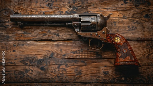 vintage revolver and holster on rustic table, perfect for western-themed banner design photo