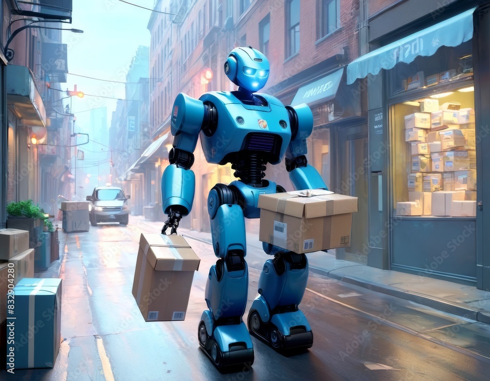 Naklejka premium A blue delivery robot balances parcels while navigating a misty urban street, with shops and a car in the background.. AI Generation