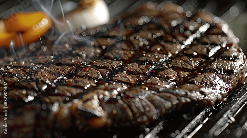 Macro close-up of sizzling grill marks on juicy steak