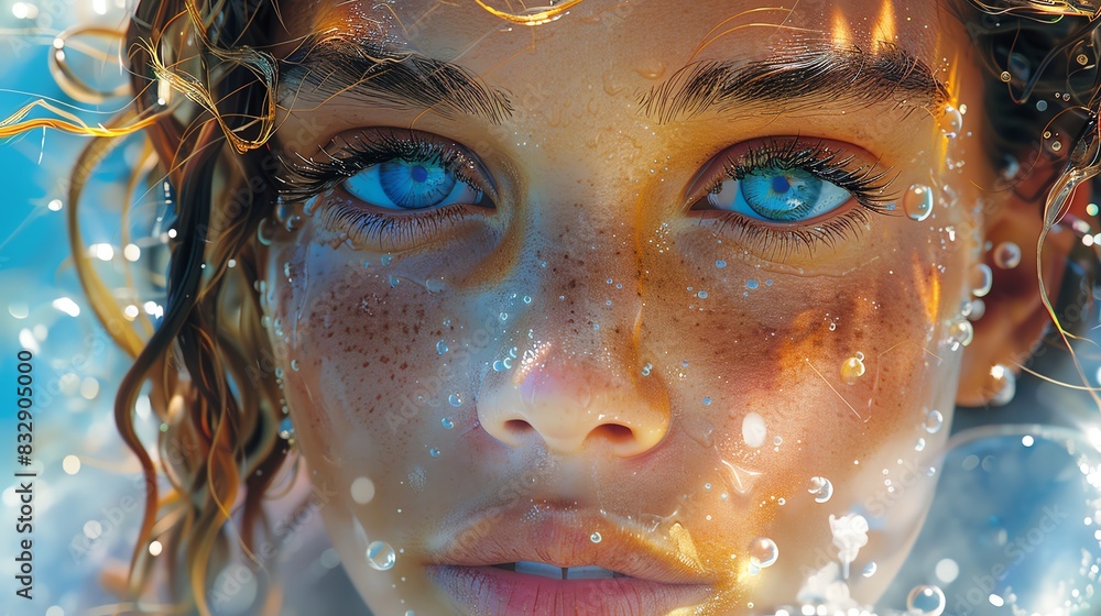 Close-up portrait of a young woman with blue eyes and freckles, bathed in soft light. Close-up portrait of a young woman with blue eyes and freckles, bathed in soft light.