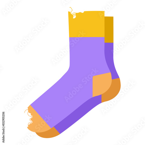 Set of colorful sock with holes, Unpleasant concept Apparel with stains, Leaky. clothing technical illustration stocking. Vector, side view for Men, women, unisex style, flat sketch isolated on white