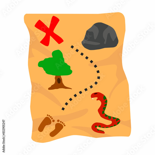 adventure map for treasure hunting with big rock, tree and snake illustration