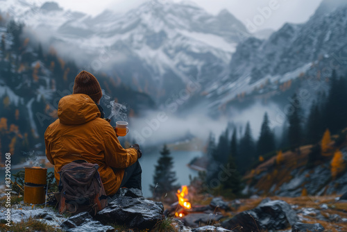 A serene mountainside retreat with panoramic views, where hikers pause to enjoy a steaming cup of tea brewed over a campfire. Concept of outdoor adventure and rejuvenation. Generative Ai.