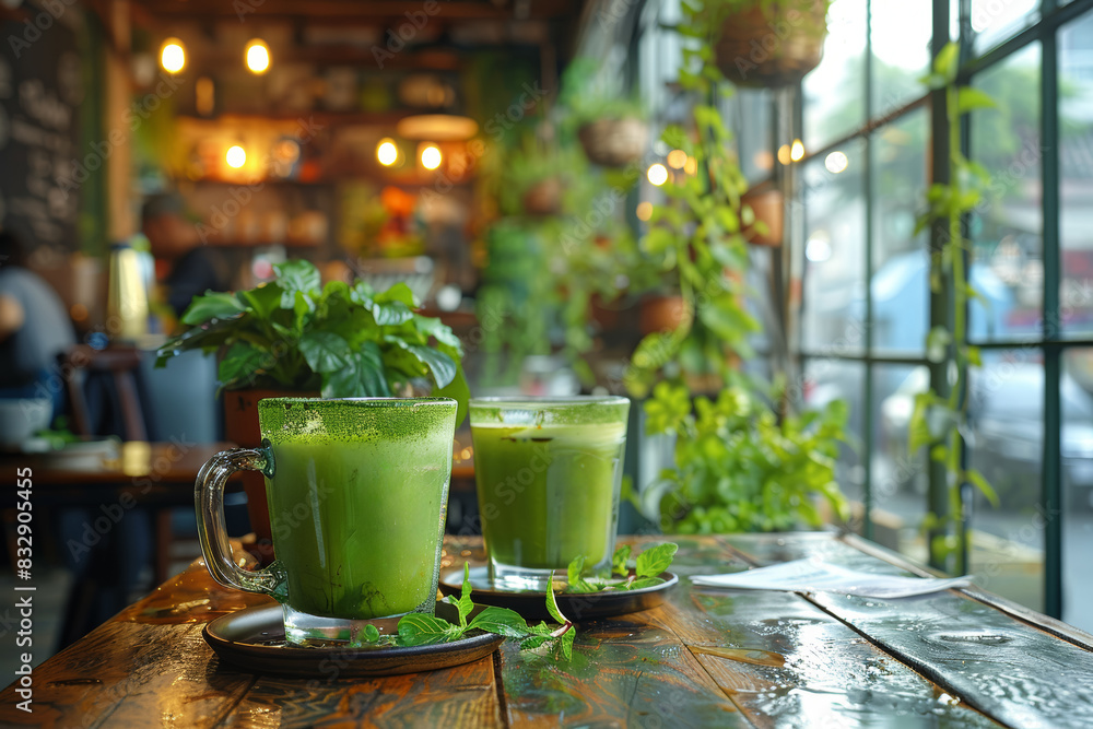 A bustling metropolitan cafe scene with patrons enjoying trendy matcha lattes and artisanal pour-over coffees. Concept of urban lifestyle and contemporary beverage trends. Generative Ai. A bustling metropolitan cafe scene with patrons enjoying trendy matcha lattes and artisanal pour-over coffees. Concept of urban lifestyle and contemporary beverage trends. Generative Ai.