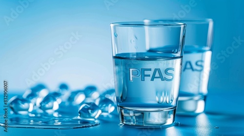 Glass of contaminated drinking water, warning sign PFAS, concept of protection and survival, toxicity, health risk, banner