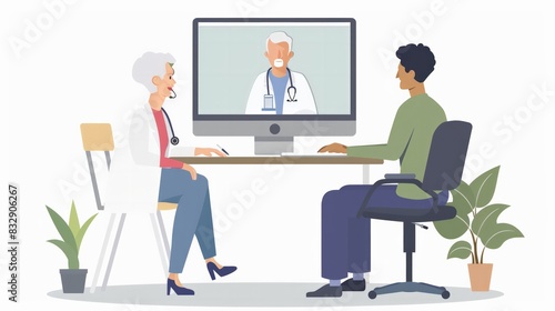 Senior Patient Virtual Check-Up: Depict a senior patient having a virtual check-up with their doctor, showcasing the doctor on a computer screen and the patient at home.