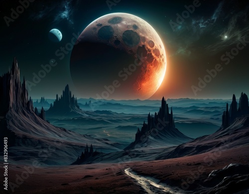 This imaginative artwork portrays an alien planet landscape with a large moon rising over a barren  rocky terrain under a starlit sky.. AI Generation