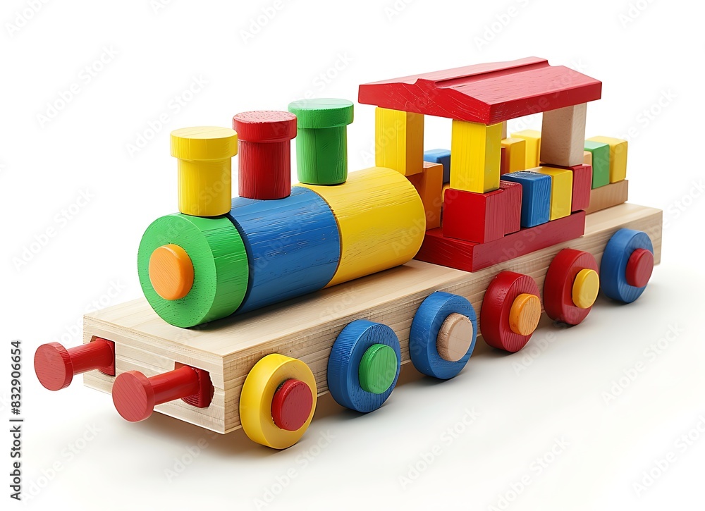 Wooden toy train with colorful blocks isolated on a white background, detailed photo, in the style of jpg Wooden toy train with colorful blocks isolated on a white background, detailed photo, in the style of jpg