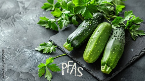 Warning sign PFAS contamination on vegetables background, chemical pollution concept, health risk, banner