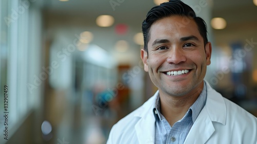 Smiling Doctor in White Coat: Capture a close-up photo of a smiling doctor in a white coat, exuding warmth and approachability. photo