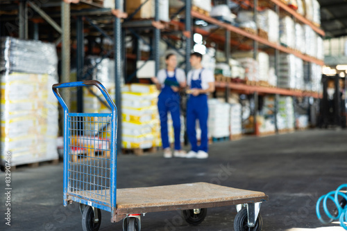 Foto Sizable cart carrying heavy load of paper bags is present in construction stores premises