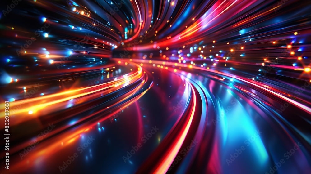 Dynamic colored light bends dramatically in a black digital space Dynamic colored light bends dramatically in a black digital space