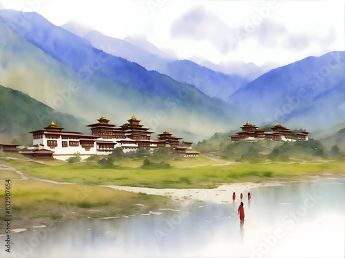 Phuentsholing Bhutan Country Landscape Watercolor Illustration Art	 photo