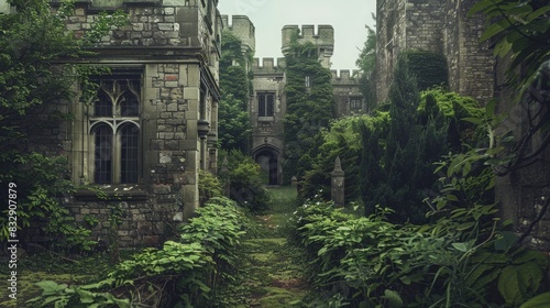 Abandoned gothic castle covered in overgrown vegetation, creating an eerie, mysterious atmosphere among ancient stone ruins.