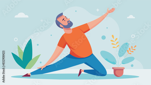 A man in his 40s with chronic pain finding relief and relaxation through gentle stretches and movements in a healing dance for pain management class.. Vector illustration