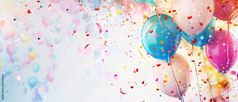 Colorful balloons floating amidst confetti, creating a cheerful and festive atmosphere perfect for celebrations and special occasions.