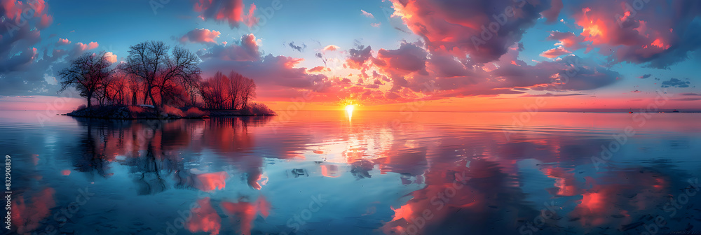 Fototapeta premium A nature island during sunset, the sky ablaze with colors, and the water reflecting the hues