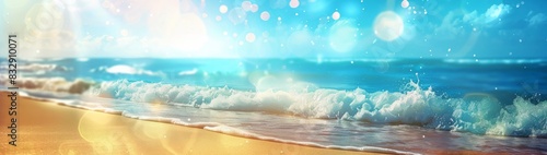 Abstract blur defocused background Tropical summer beach with golden sand turquoise ocean and blue sky with white clouds on bright sunny day Colorful landscape for summer holidays