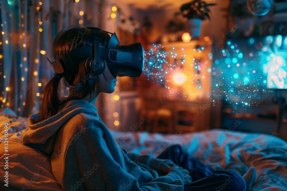 Obraz premium A young girl sits in a cozy room wearing a virtual reality headset, fully immersed in a digital world.