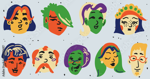Diverse men and women portraits set. Trendy stylish people avatar. Different age, race, hairstyles, emotions. Contemporary cartoon faces. Abstract hand drawn collection. Isolated vector illustration