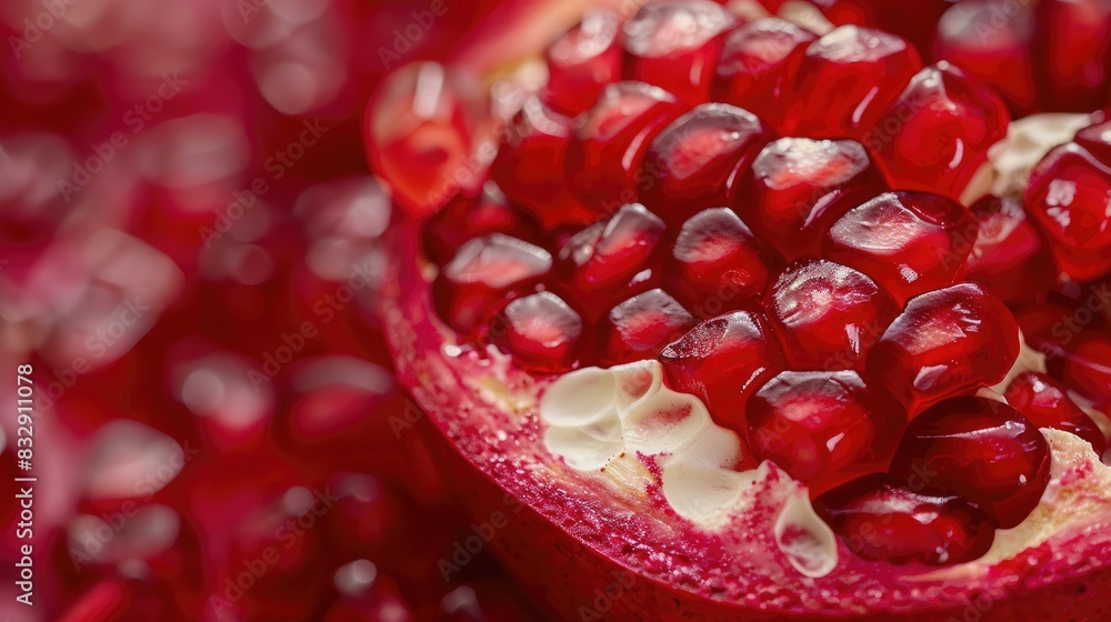 Close up of a split pomegranate with vibrant juicy red seeds Close up of a split pomegranate with vibrant juicy red seeds