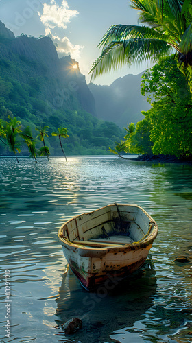 A nature lagoon scene with a small boat gently floating on the water  surrounded by tropical vegetation