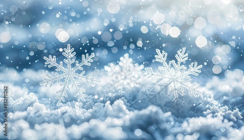 Glittering snowflakes gently falling in a winter wonderland scene