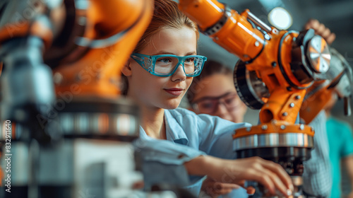 A woman in glasses studies intently as she examines a complex machine, absorbed in the intricacies of its mechanisms