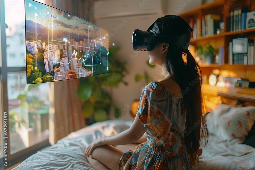 A young woman immersed in a virtual reality experience, using a VR headset in a cozy bedroom.