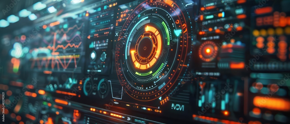 Greenhouse gases contribute to global warming, shown in a closeup of an advanced emission monitoring system, detailed with HUD displays Greenhouse gases contribute to global warming, shown in a closeup of an advanced emission monitoring system, detailed with HUD displays