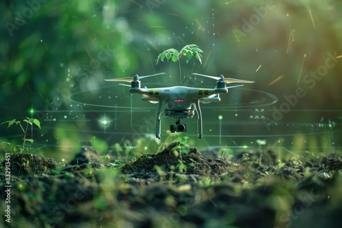 Reforestation restores degraded lands, shown in a closeup of a drone planting trees, detailed with futuristic technology and holographic data photo