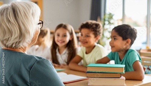 An elderly woman is talking to smiling children