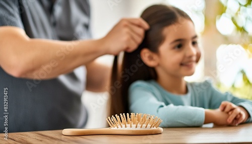 A father is making his daughter`s hair. People blurred, a hairbrush in front photo