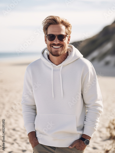 Young man guy dad white hoodie sweatshirt mockup at beach © Vanhayley