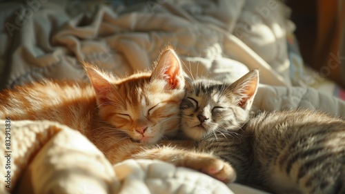 Cozy afternoon as young pets cuddle together in warm light © PRI