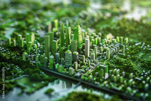 Sustainable cities integrate green technology, focused on a closeup of a smart city planning tool, detailed with futuristic technology