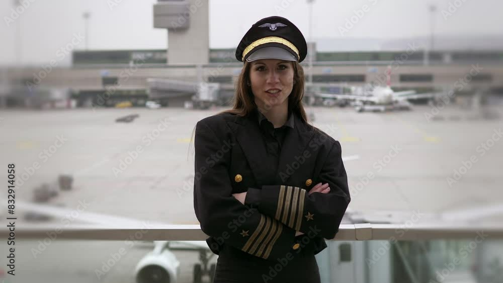 Young Successful Female Airline Captain Pilot Preparing for Flight at Airport Young Successful Female Airline Captain Pilot Preparing for Flight at Airport