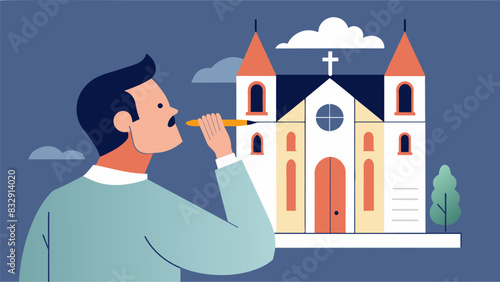 With a pencil tucked behind their ear an architect studies the layout of a churchs interior taking into account the acoustics and flow of the space.. Vector illustration