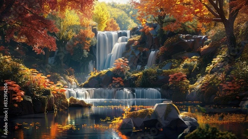 The concept of immersing oneself in a natural setting with a waterfall cascading among autumn hued trees serene rocks and a sense of tranquility and joy