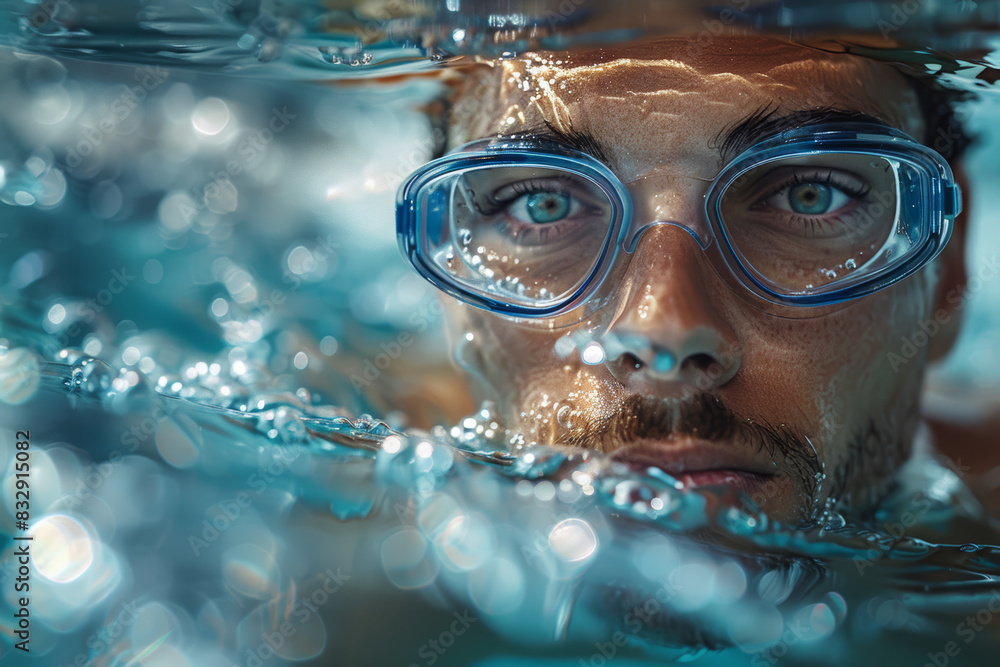 A man swimming in a pool, highlighting low-impact exercise. Concept of aquatic workouts. Generative Ai. A man swimming in a pool, highlighting low-impact exercise. Concept of aquatic workouts. Generative Ai.