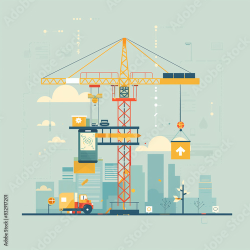 A crane is lifting a box with a sign that says  up  on it. The crane is surrounded by buildings and a truck. Concept of progress and growth