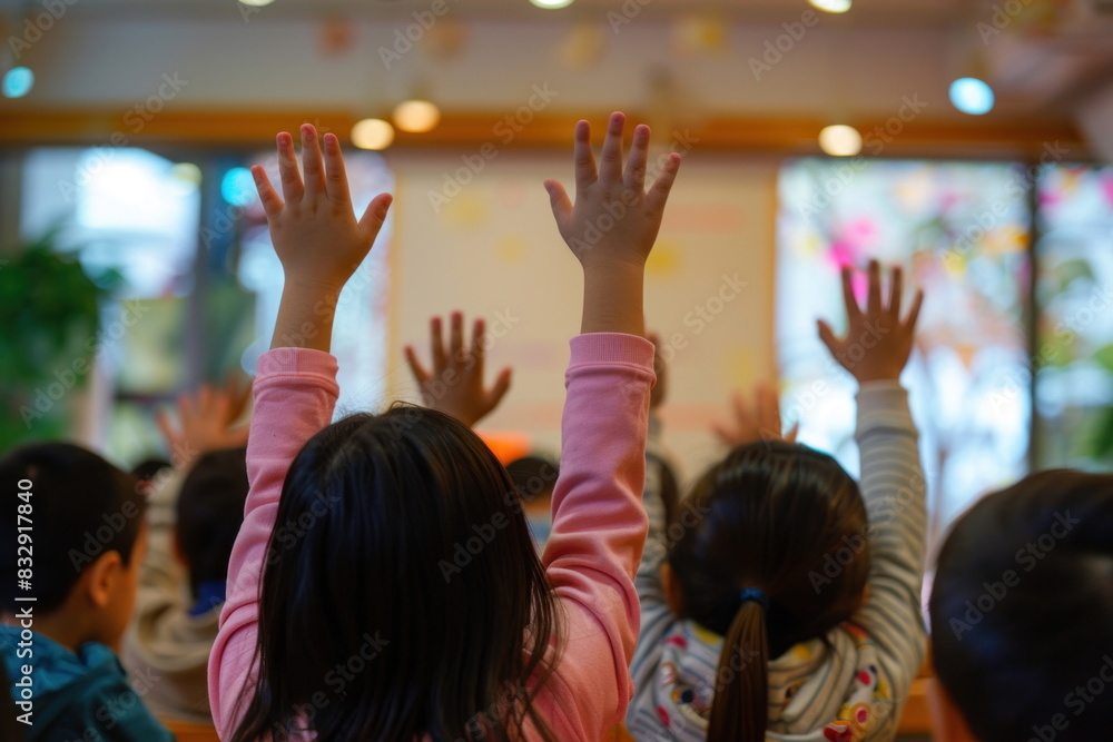 © waranyu - Children raise their hands to answer questions in the classroom, Taken from behind