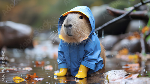A capybara in a blue raincoat and yellow boots looks charming and stylish in rainy weather photo