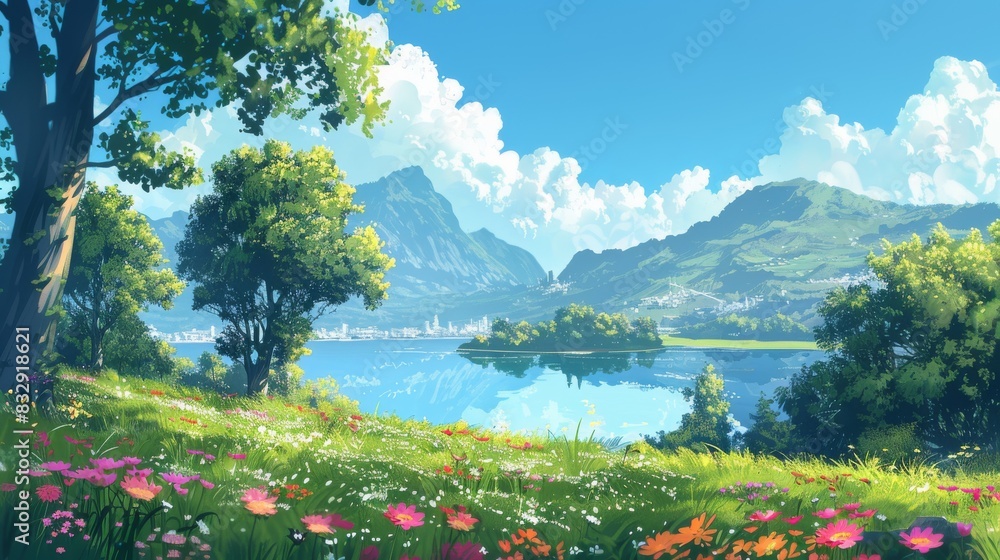 Naklejka premium Soft focus on lush greenery with few flowers and scattered tree branches