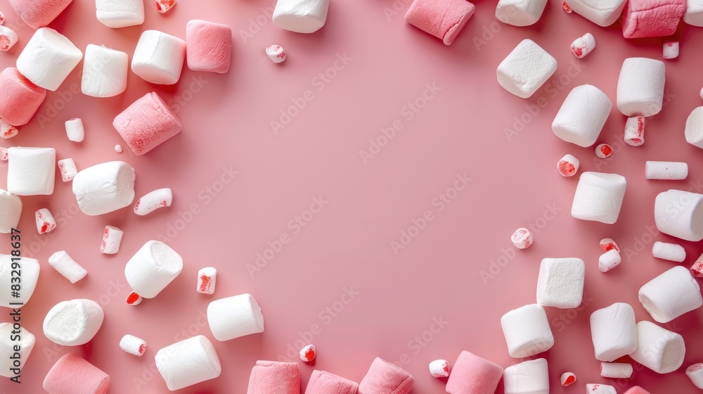 Frame of white and red marshmallows on pink background Frame of white and red marshmallows on pink background