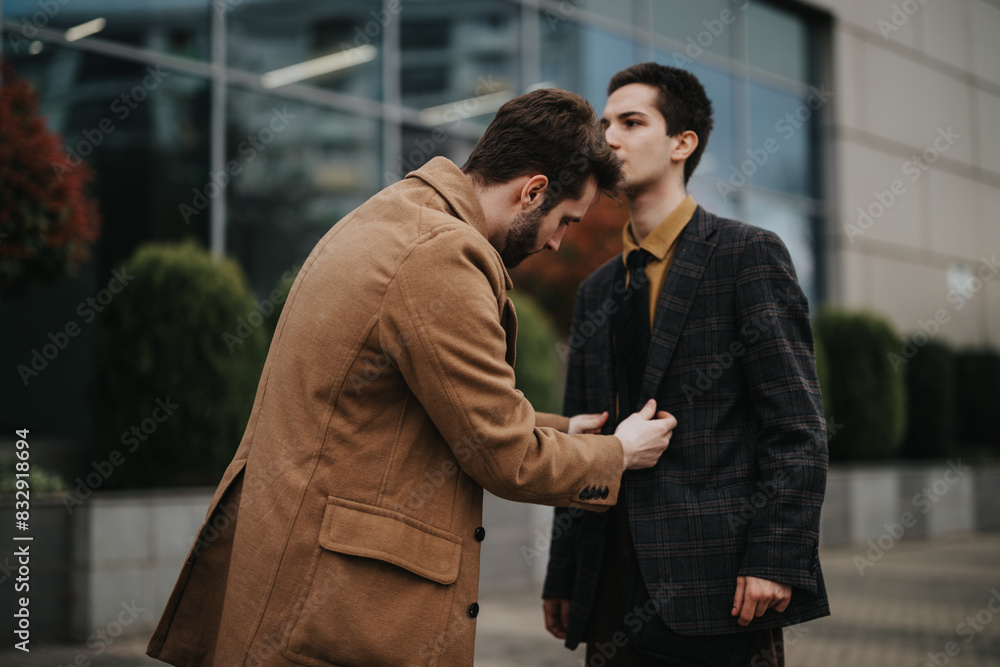 In this image, two professionals engage in a serious business discussion outdoors with an office setting in the background. In this image, two professionals engage in a serious business discussion outdoors with an office setting in the background.