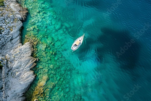 serene boat anchored in calm colorful waters of kornati islands croatia aerial photography photo