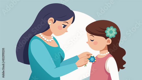 The brides mother delicately places a family heirloom brooch on her daughters wrist as a special token for her wedding day.. Vector illustration