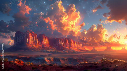 A nature mesa during sunset  the sky ablaze with colors  and the rock formations casting long shadows