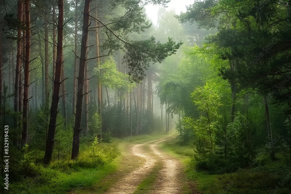 Obraz premium AI generated illustration of A rural dirt road lined with tall trees, shrouded in misty fog -